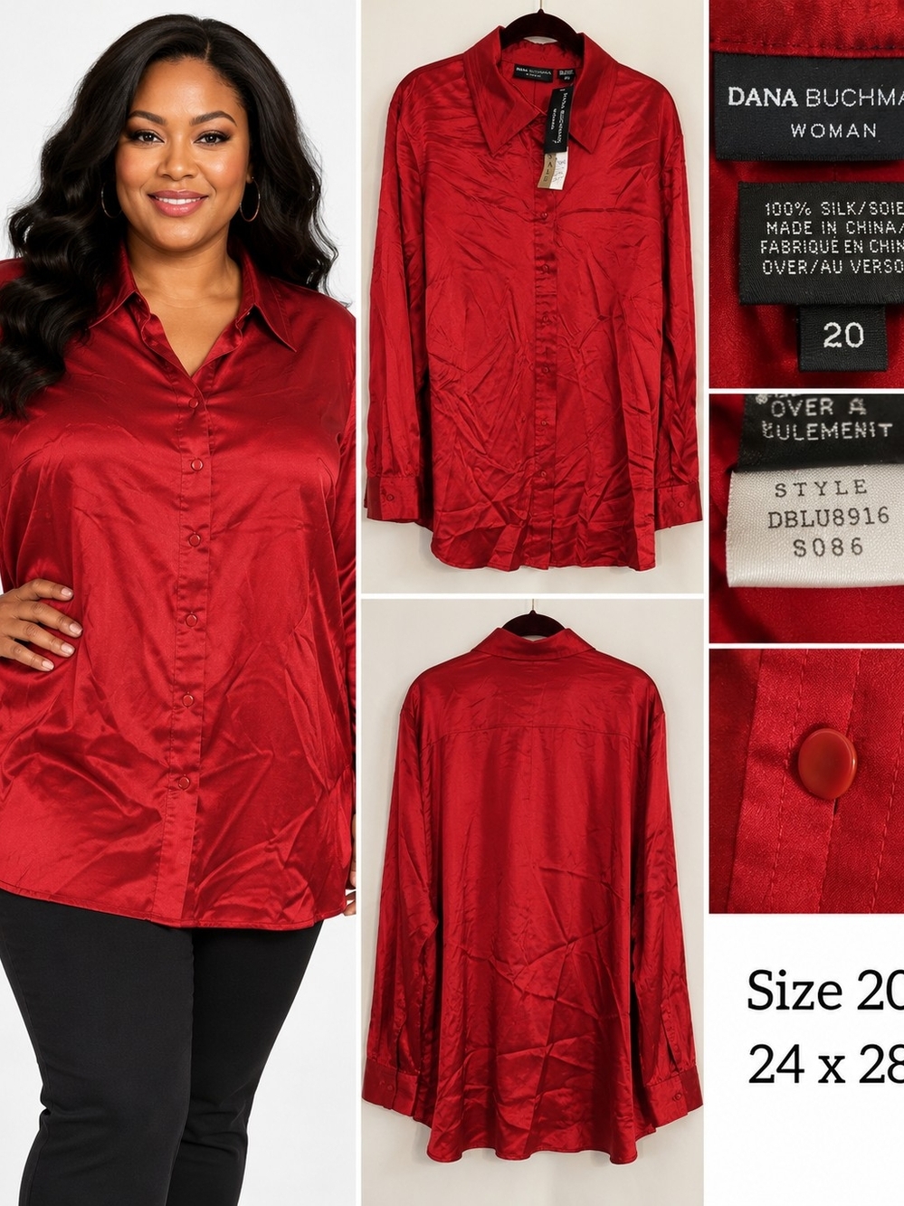 Dana Buchman Woman Size 20 Red 100% Silk Button Front Blouse NWT
